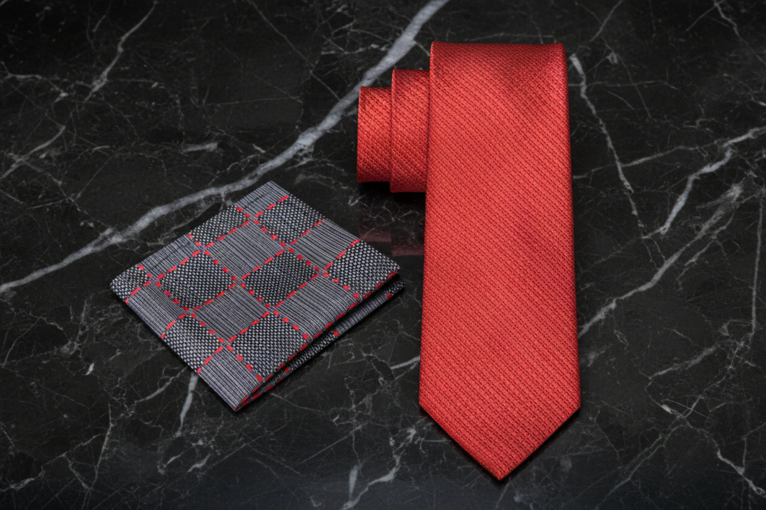 Alt View: Solid Red with Geometric Texture Necktie with Accenting Grey, Black And Red Geometric Pocket Square