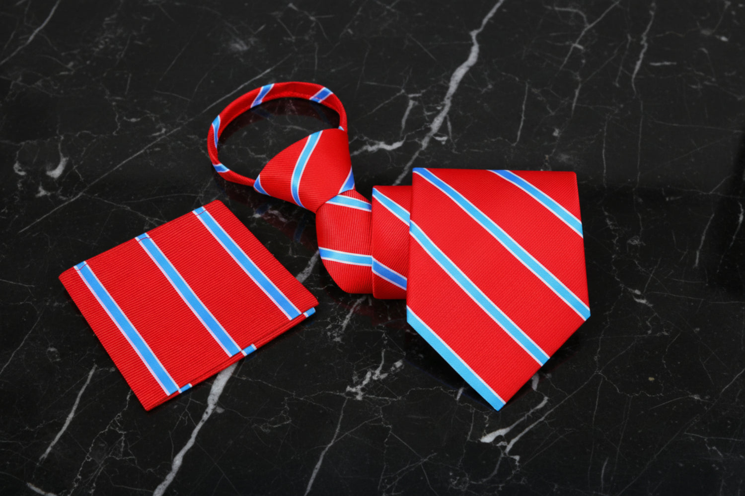 Red, Light Blue Stripe Zipper Tie and Pocket Square