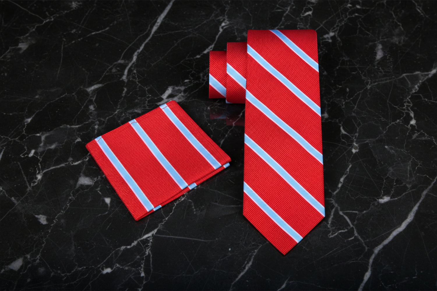 Alt View: Red, Light Blue Stripe Tie and Pocket Square