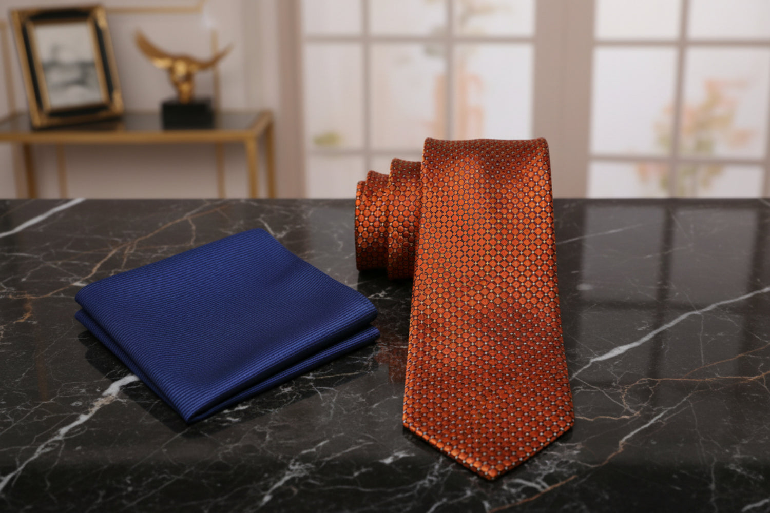 Alt View: Rich Copper Geometric Tie and Blue Pocket Square