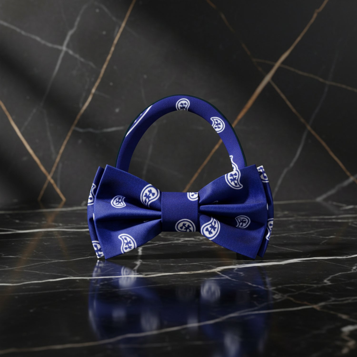 Deep Blue, White Paisley Bow Tie Pre Tied