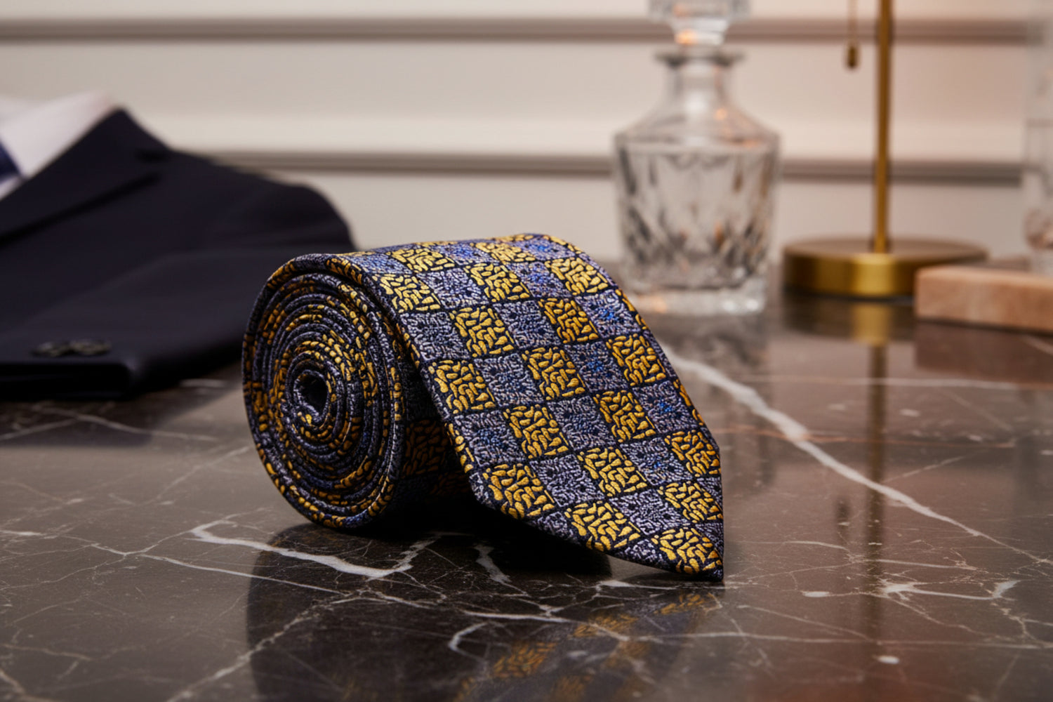 A Gold And Grey Geometric With Paisley Pattern Necktie