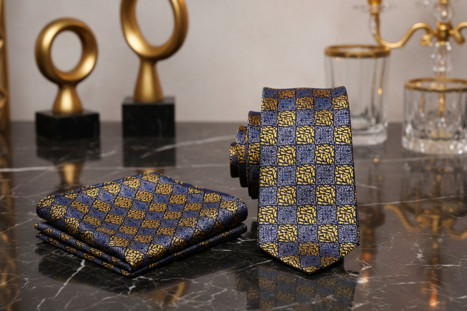 View 2; A Gold And Grey Geometric With Paisley Pattern Necktie, With Matching Pocket Square