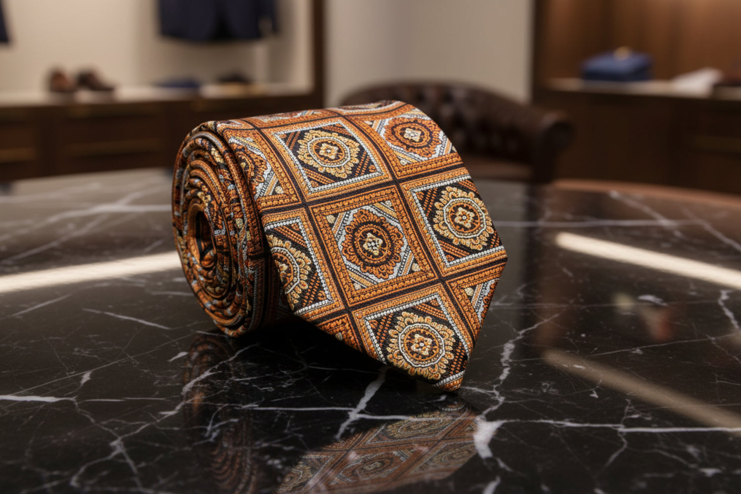 Rich orange and brown geometric necktie