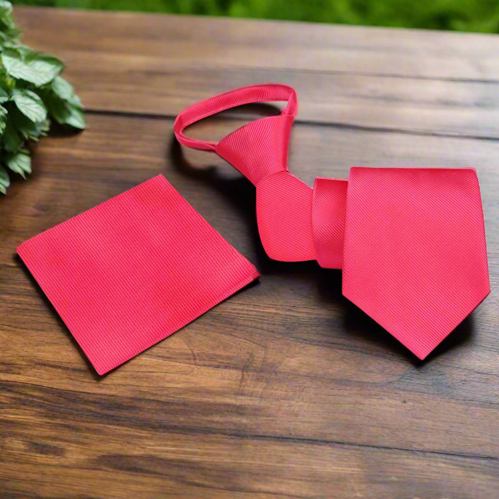 A Solid bright pink Color With Lined Texture Zipper Necktie, Matching Pocket Square