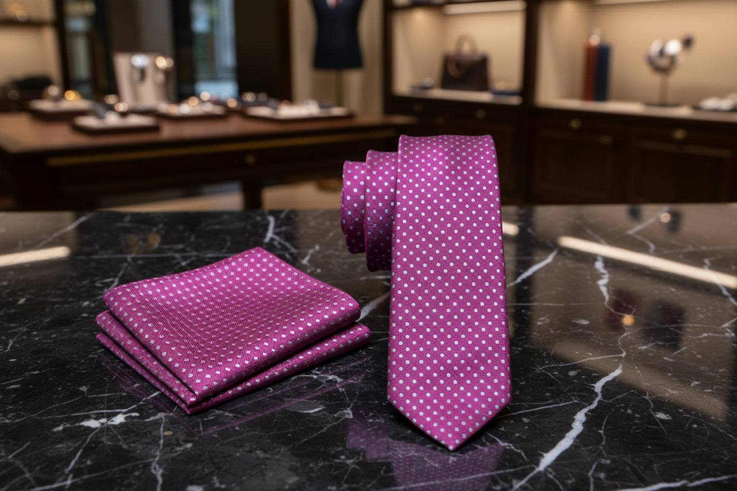 Alt View: A Light Purple, Grey Polka Dot Pattern Necktie, Matching Pocket Square