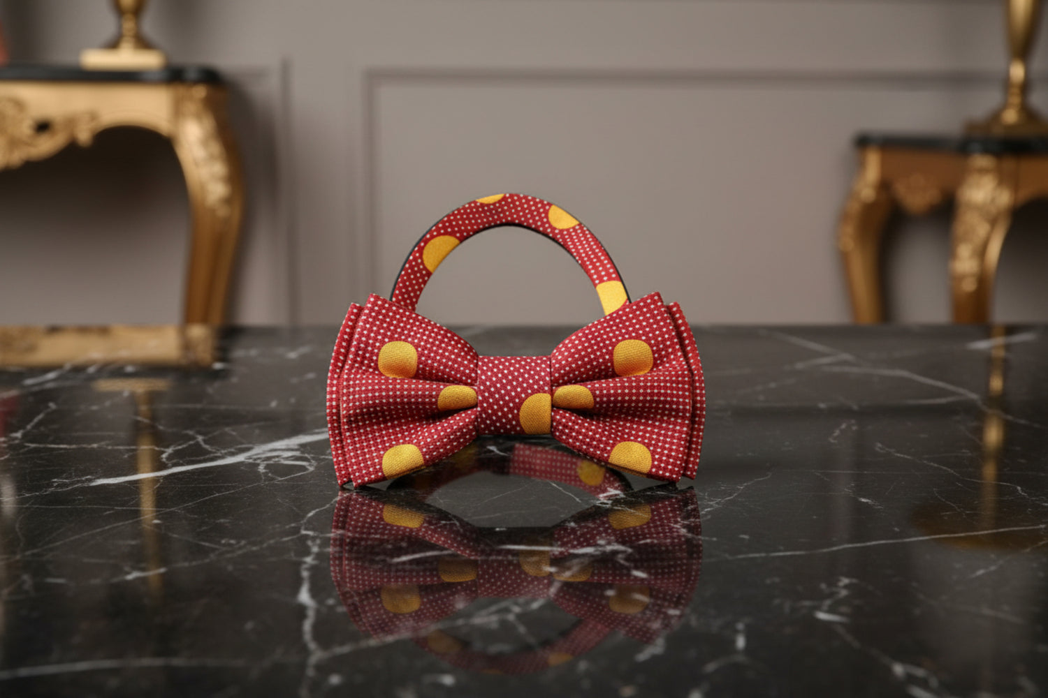 Deep Red Yellow Polka Dot Pre Tied Bow Tie