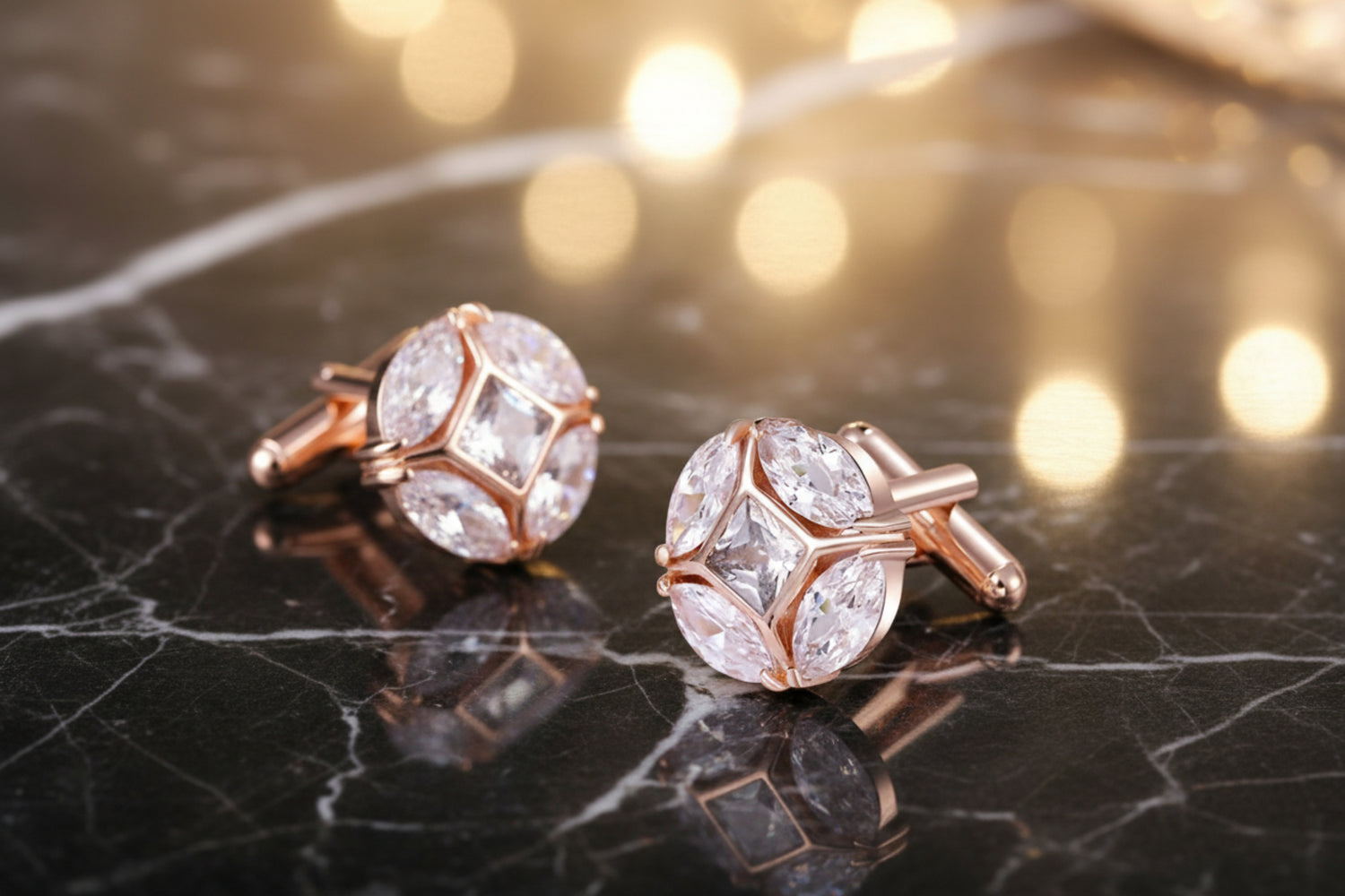 Rose Gold Clear Stone Circle Cufflinks