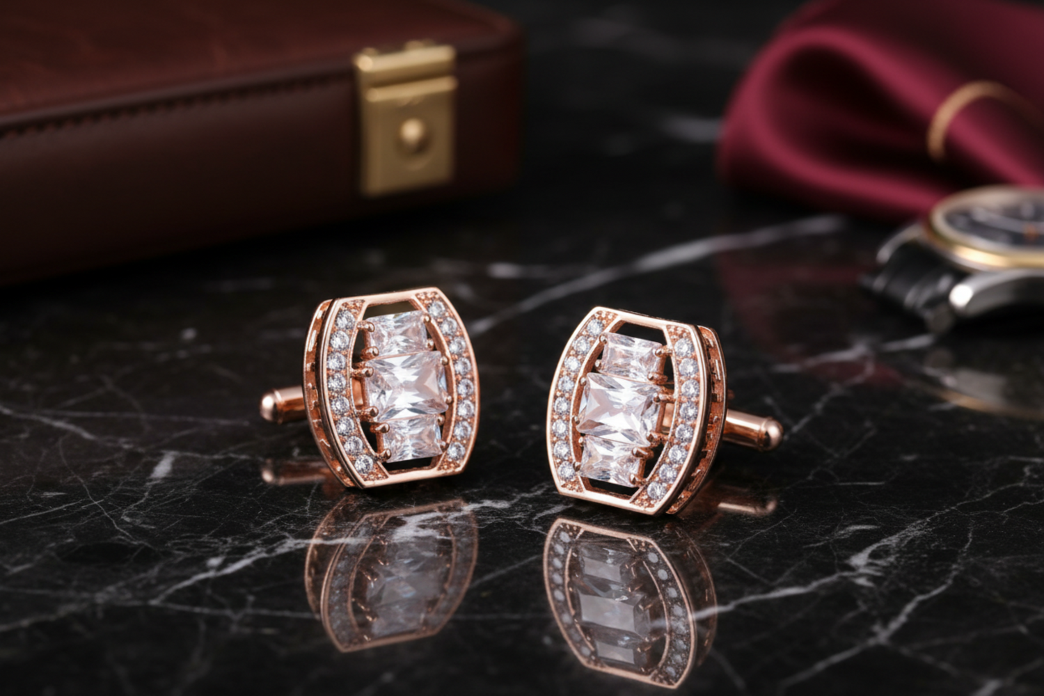 Rose Gold Clear Stone Oval Cufflinks
