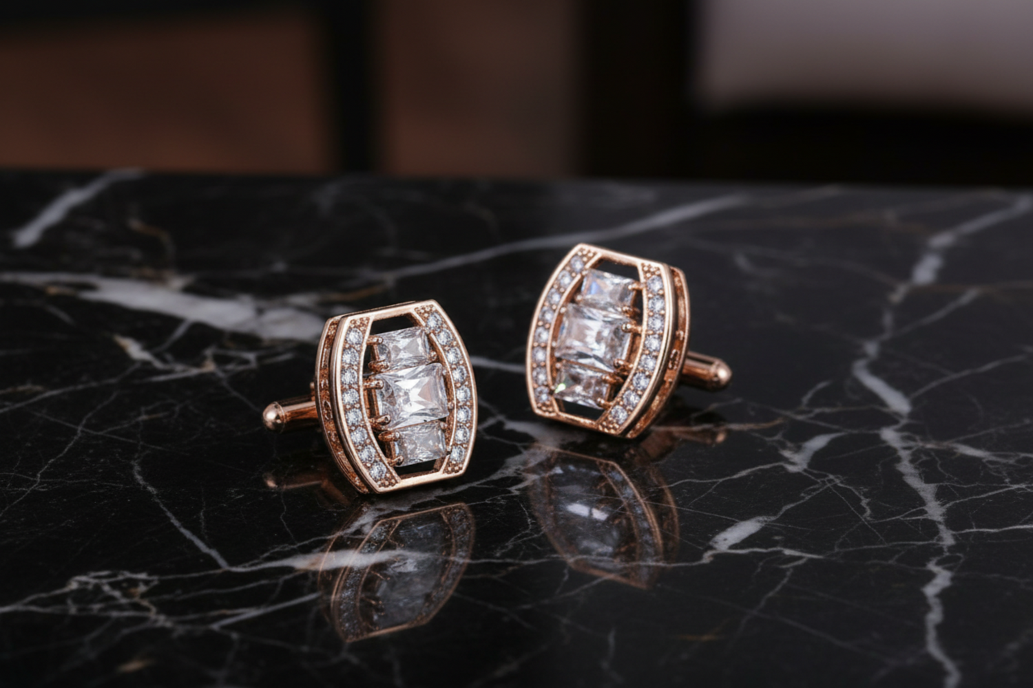 View 2: Rose Gold Clear Stone Oval Cufflinks