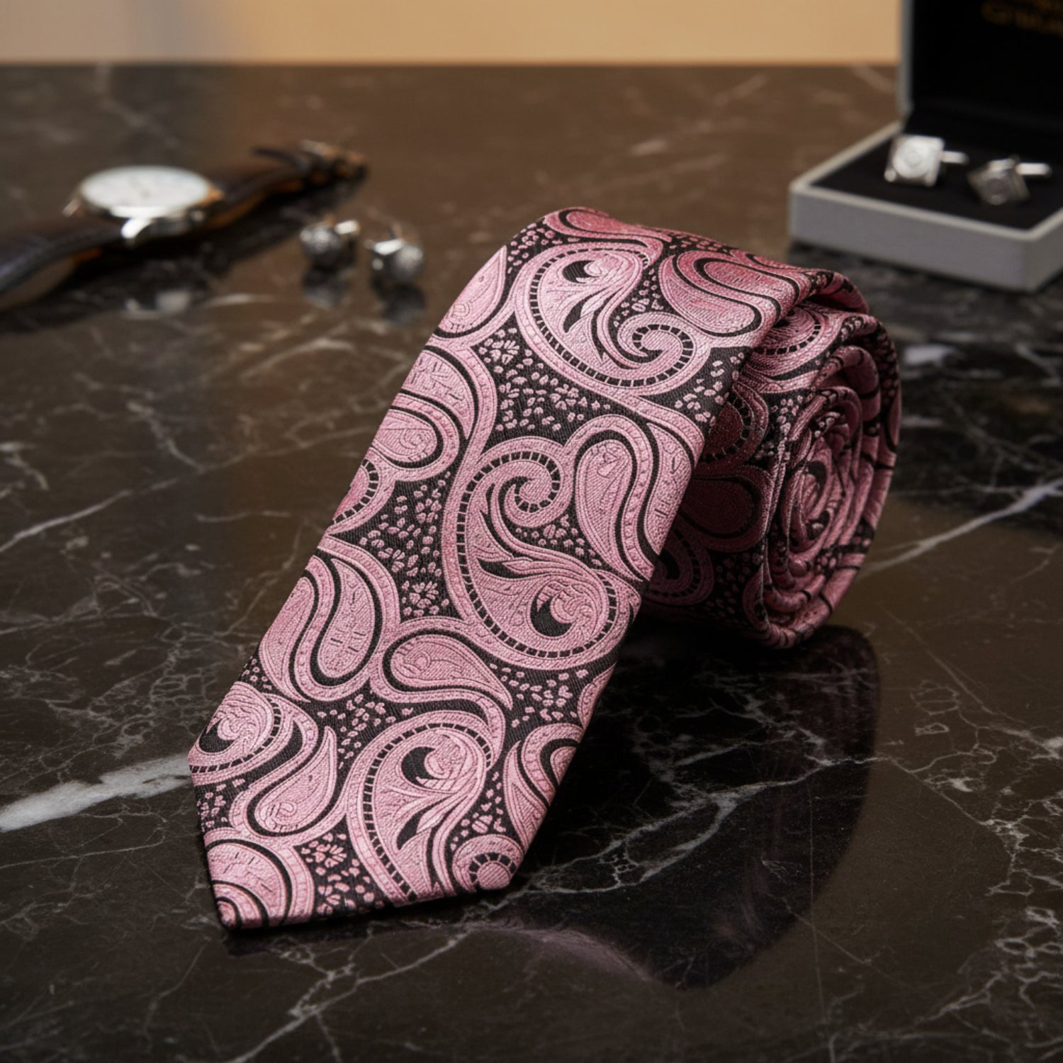 A Rose Gold And Brown Paisley Pattern Silk Necktie 