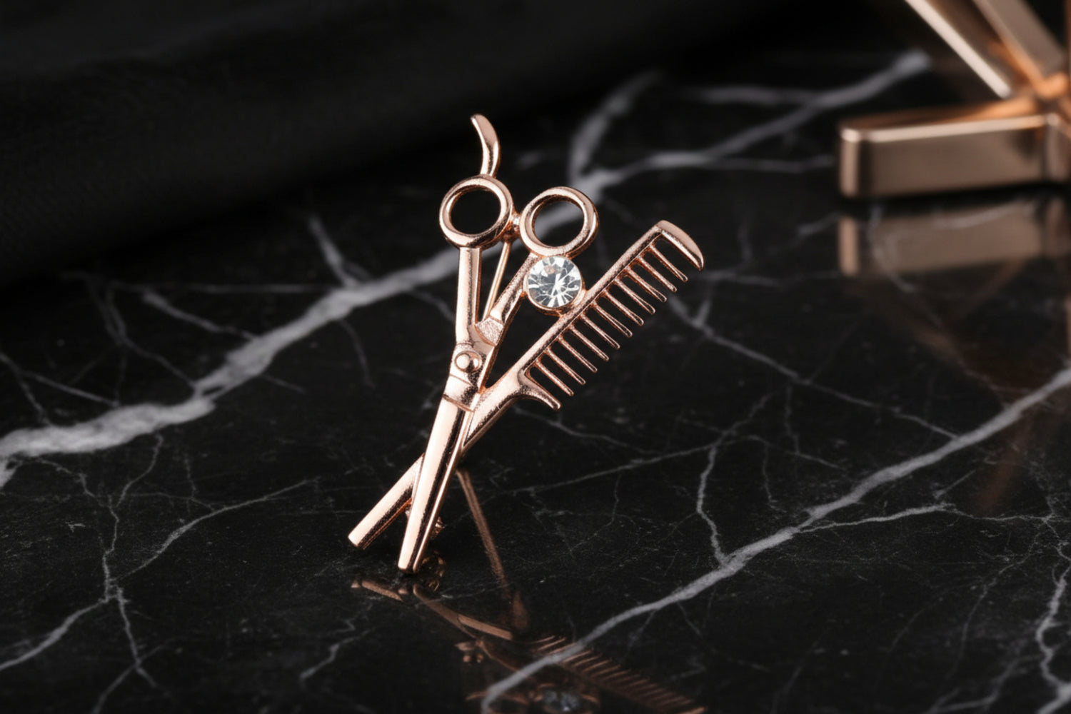 A Rose Gold Color Scissors and Comb with Stone Lapel Pin||Rose Gold