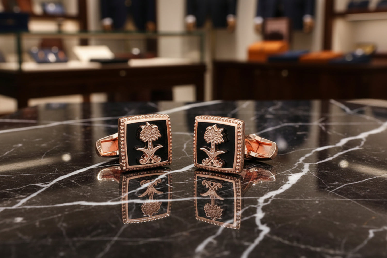 A Square with Rose Gold Tree Design Cuff-links