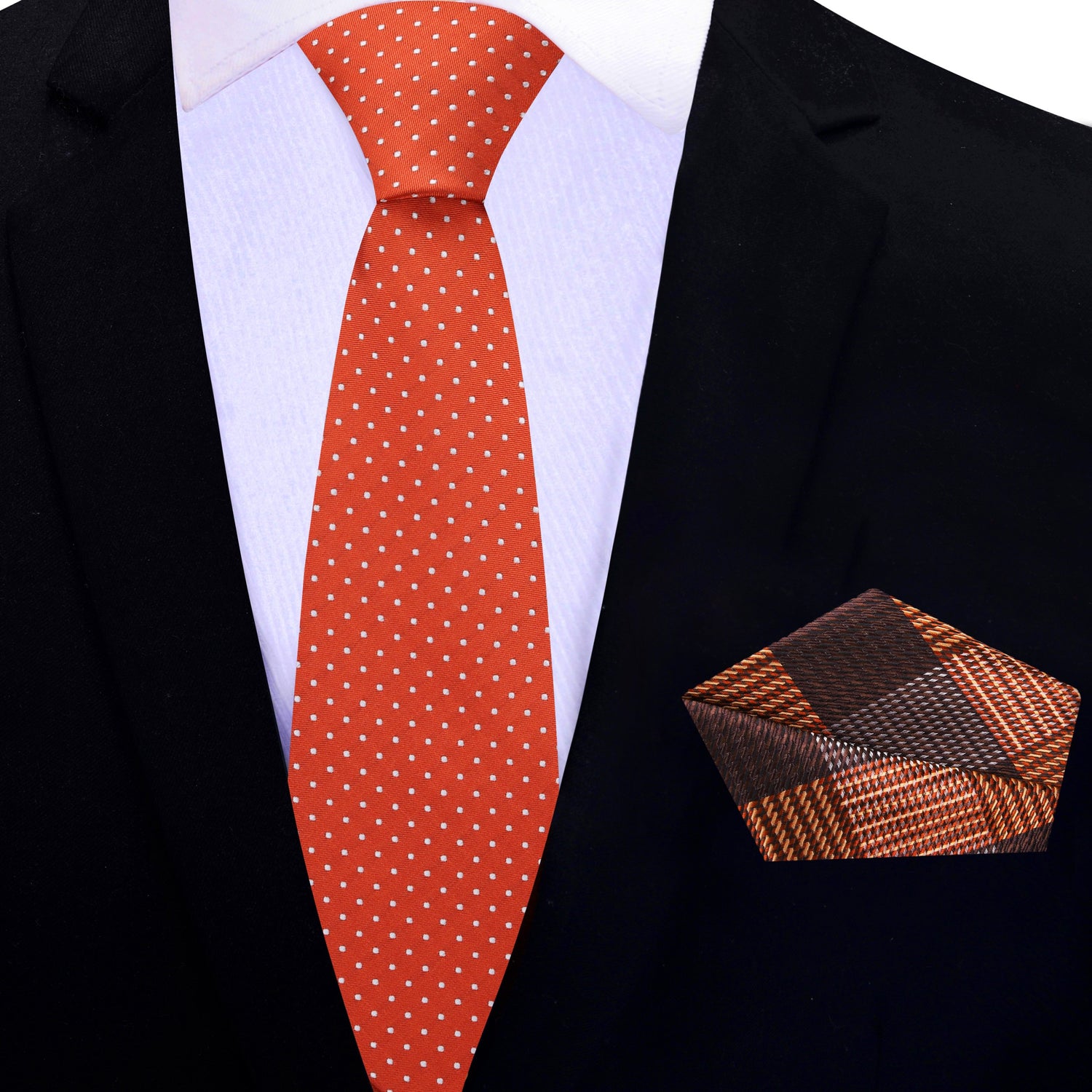 Thin Tie: Orange with White Polka Necktie and Accenting Brown Plaid Square