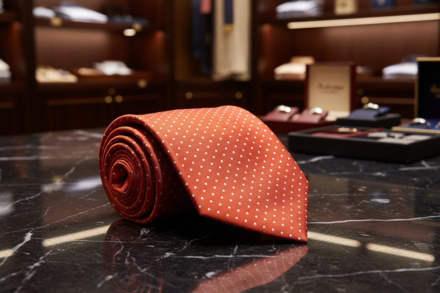Single Tie: Orange with White Polka Necktie