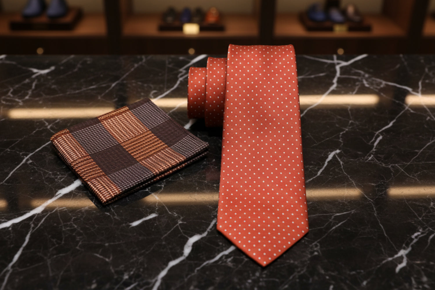 Alt View: Orange with White Polka Necktie and Accenting Brown Plaid Square