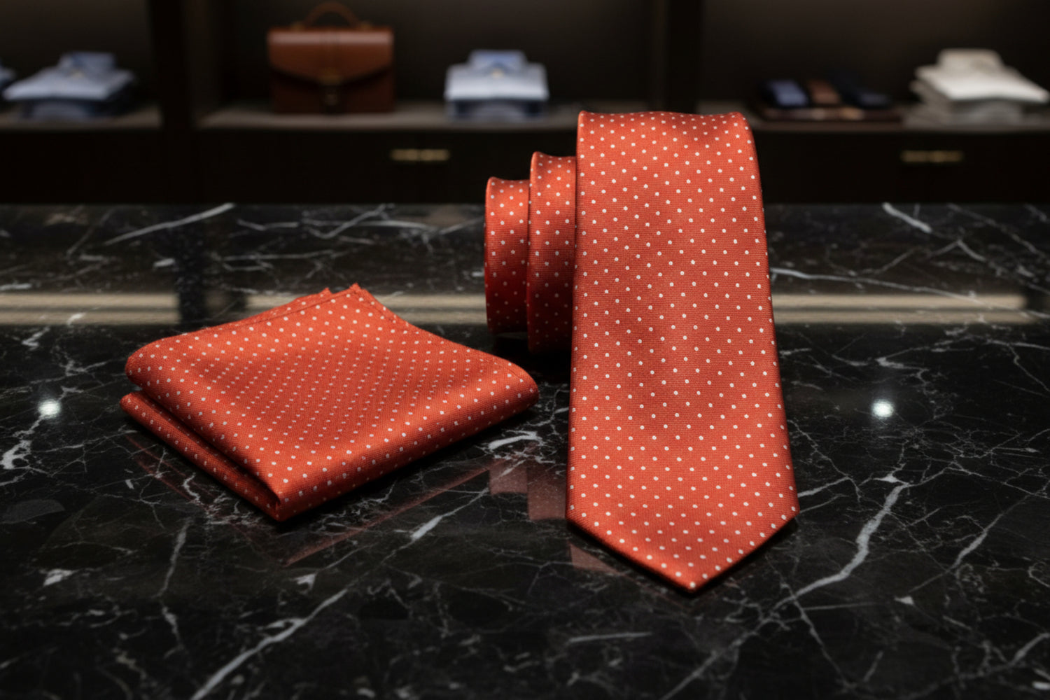 Alt View: Orange with White Polka Necktie and Matching Square