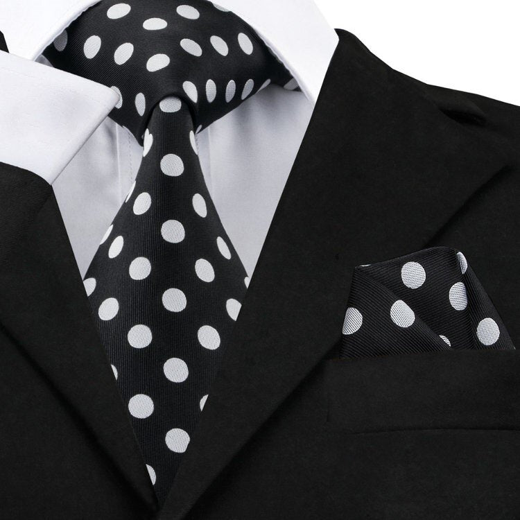 Black, Light Silver Polka Tie and Pocket Square
