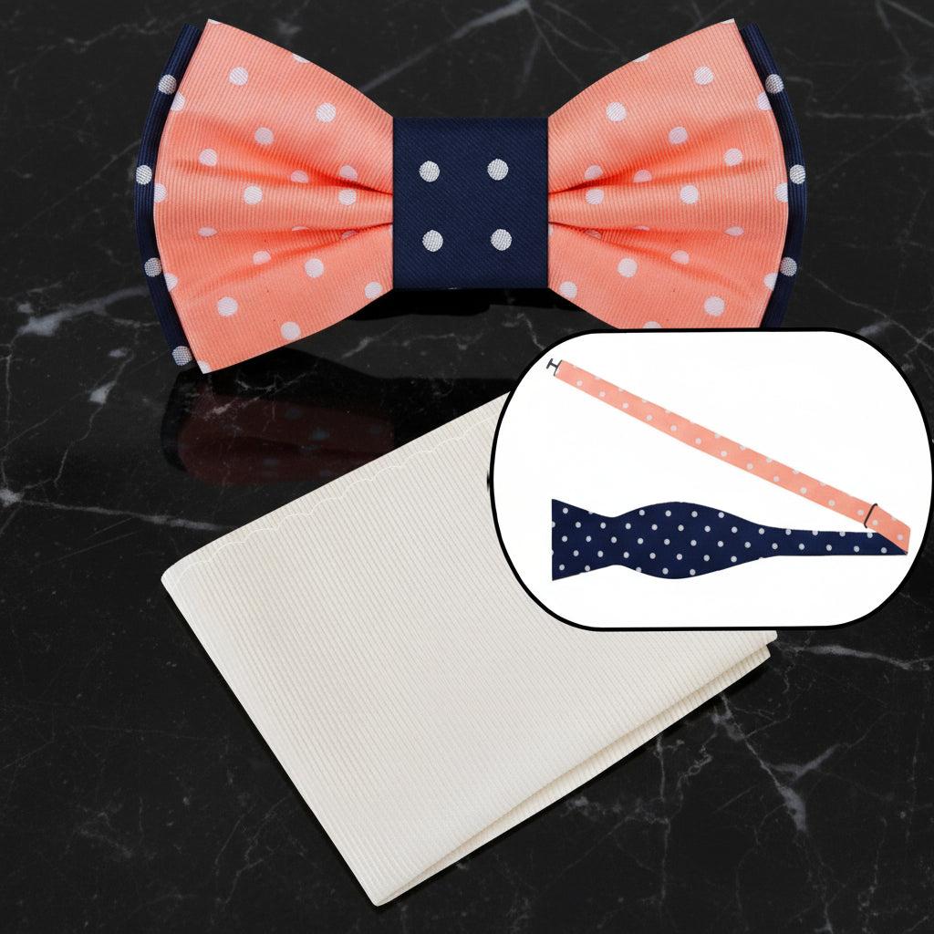 Blue, Salmon Polka Bow Tie and Off White Square