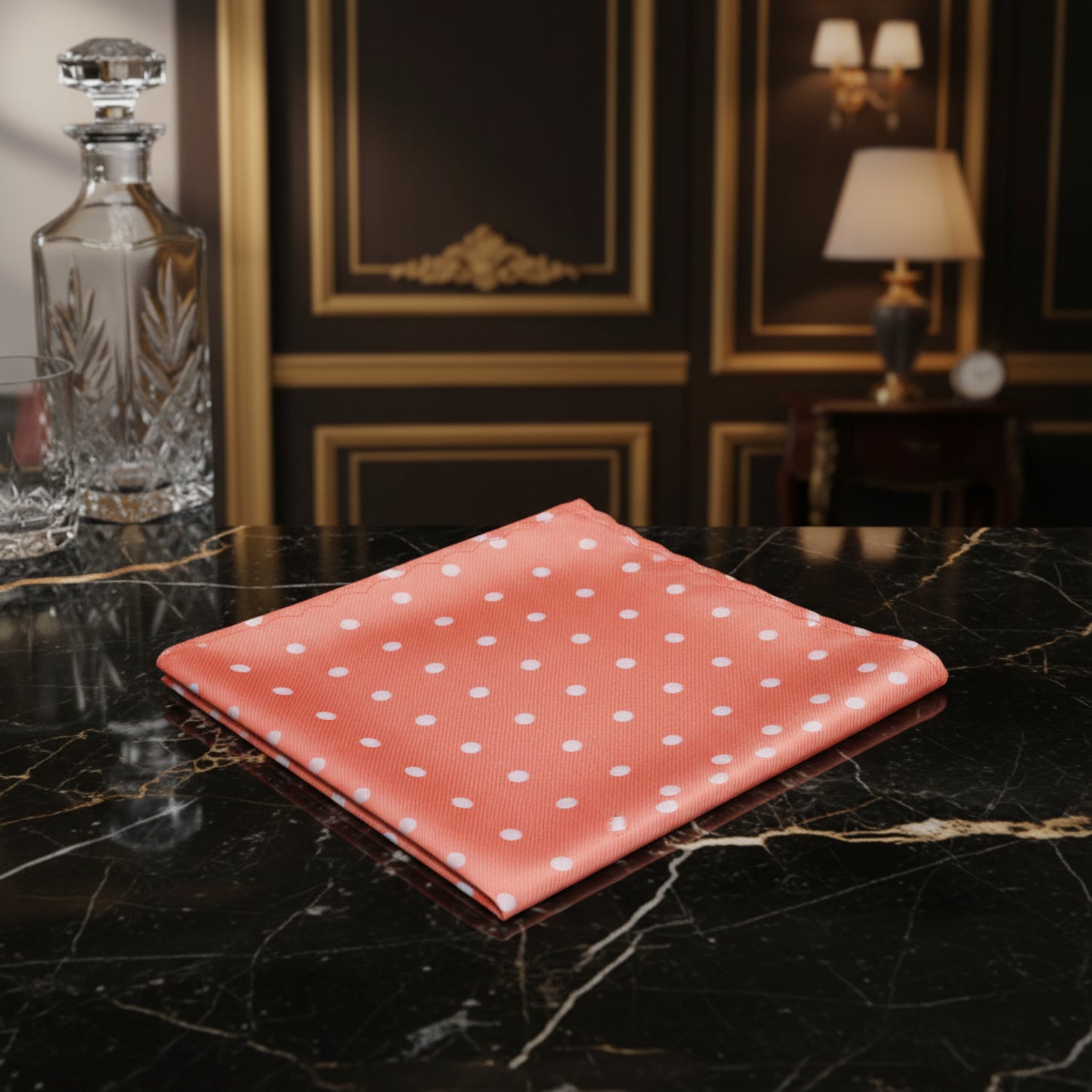 Salmon, White Polka Pocket Square