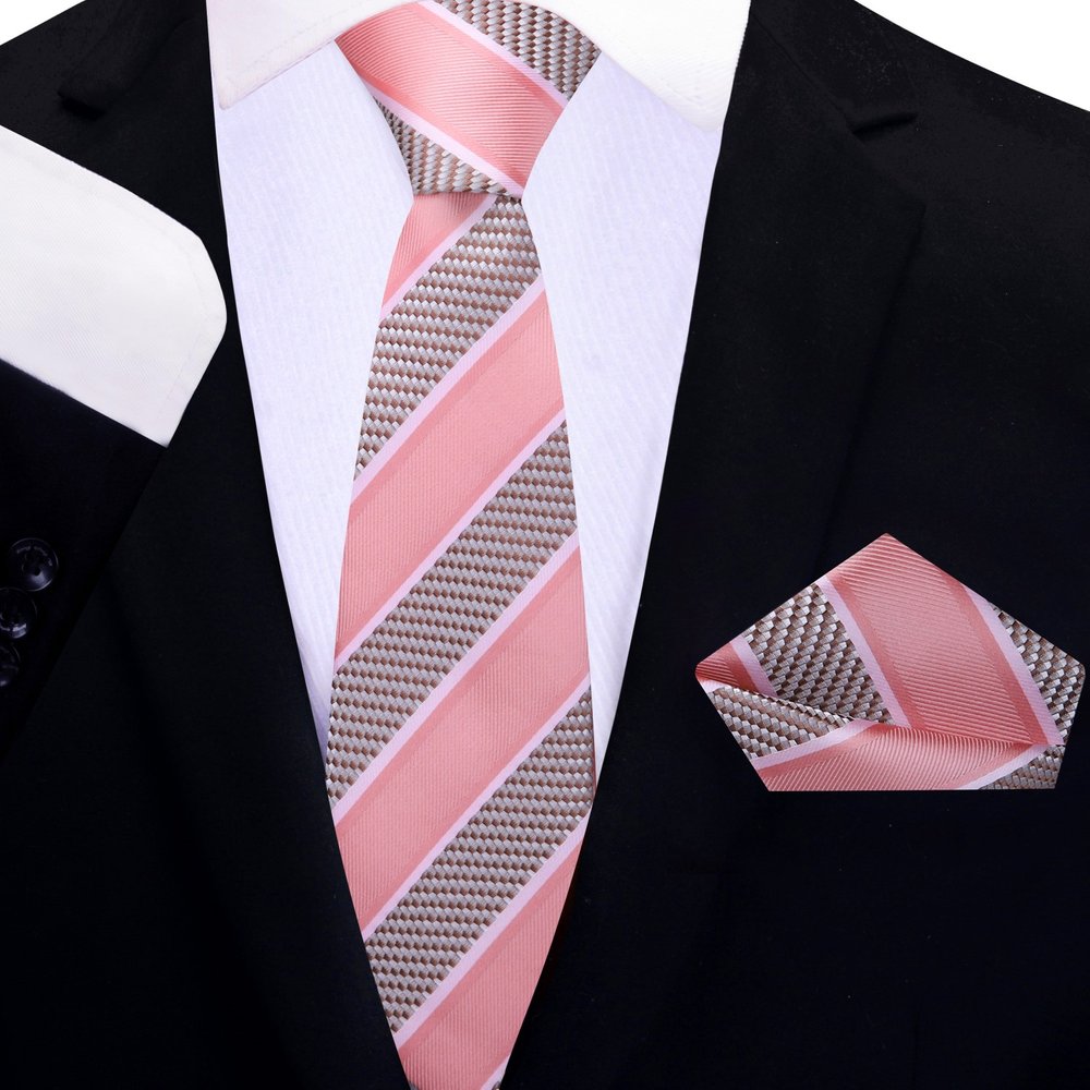 Salmon Stripe Thin Tie and Pocket Square||Salmon