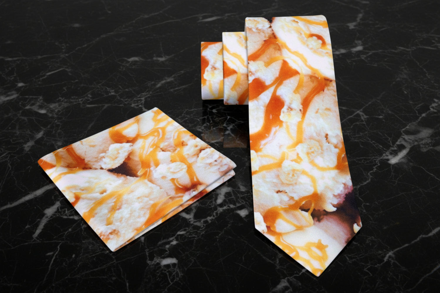 Alt View: A Vanilla Ice Cream with Salted Caramel Drizzle Tie and Square
