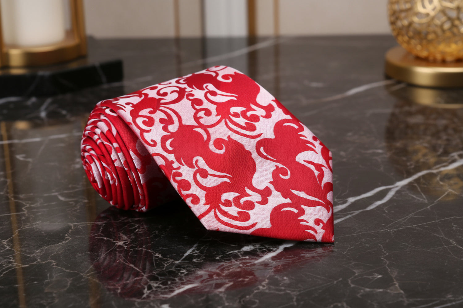 A Light Red, Red Vine Floral Pattern Necktie 