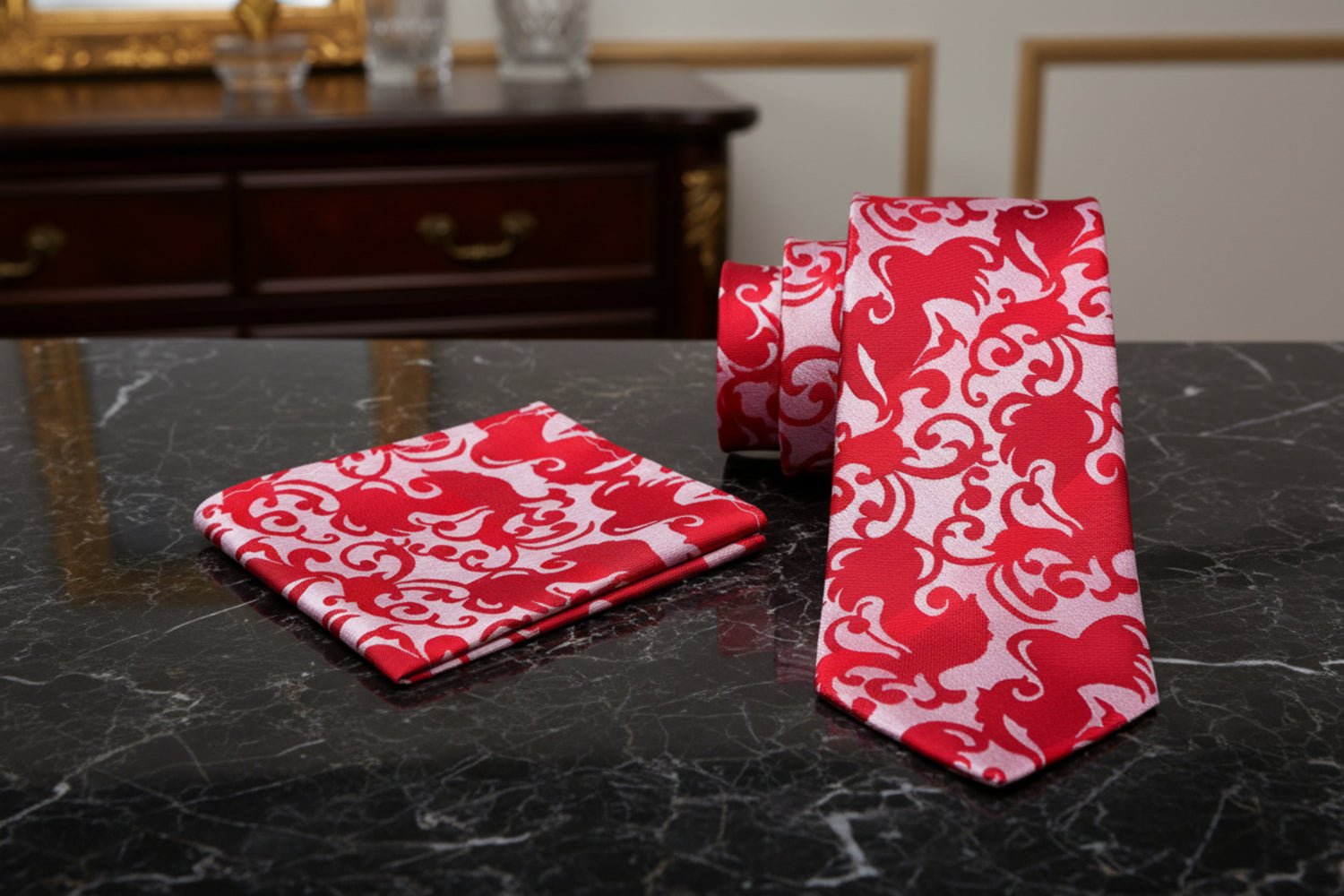 Alt View: A Light Red, Red Vine Floral Pattern Necktie, Matching Pocket Square