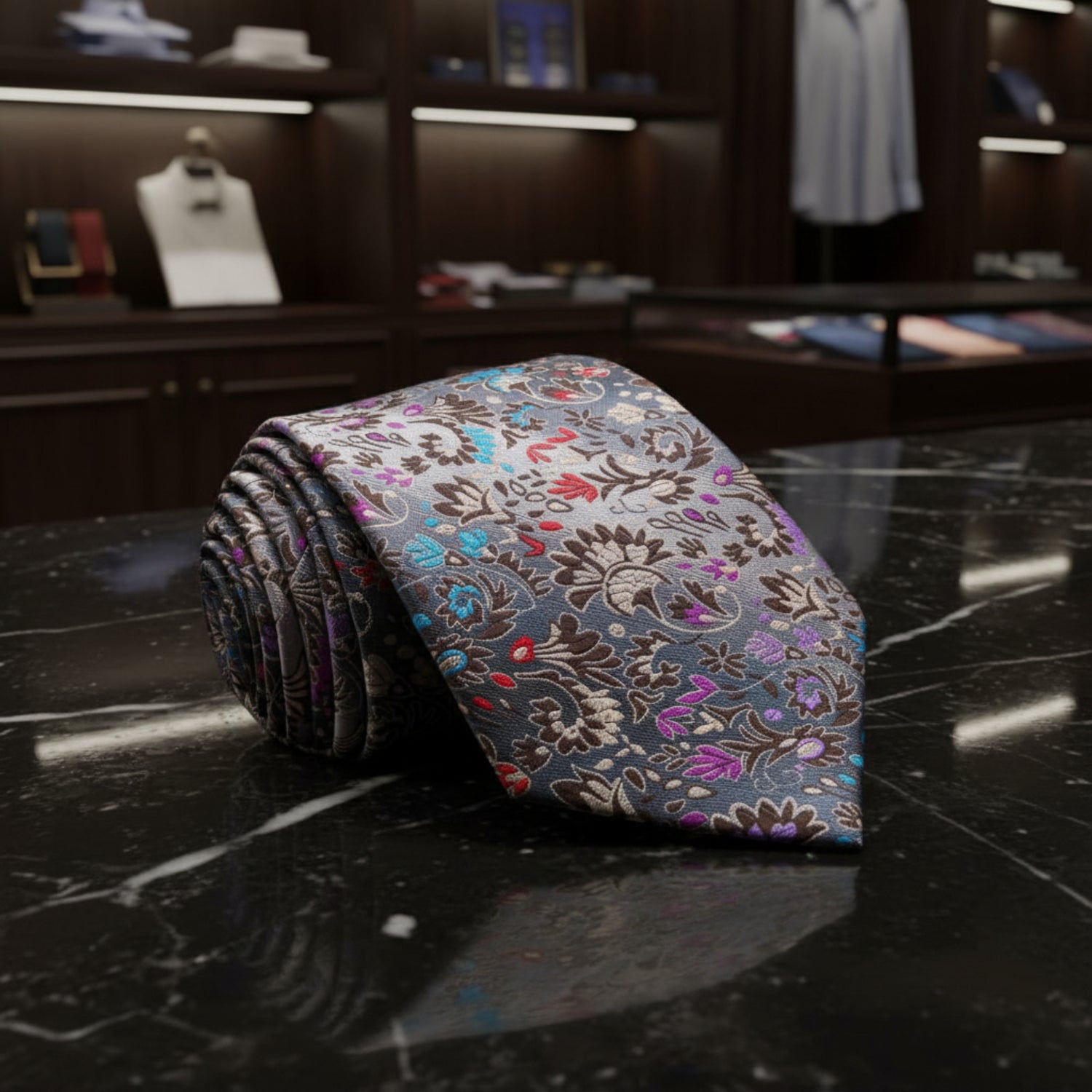 A Grey, Blue, Red Small Floral Pattern Necktie 