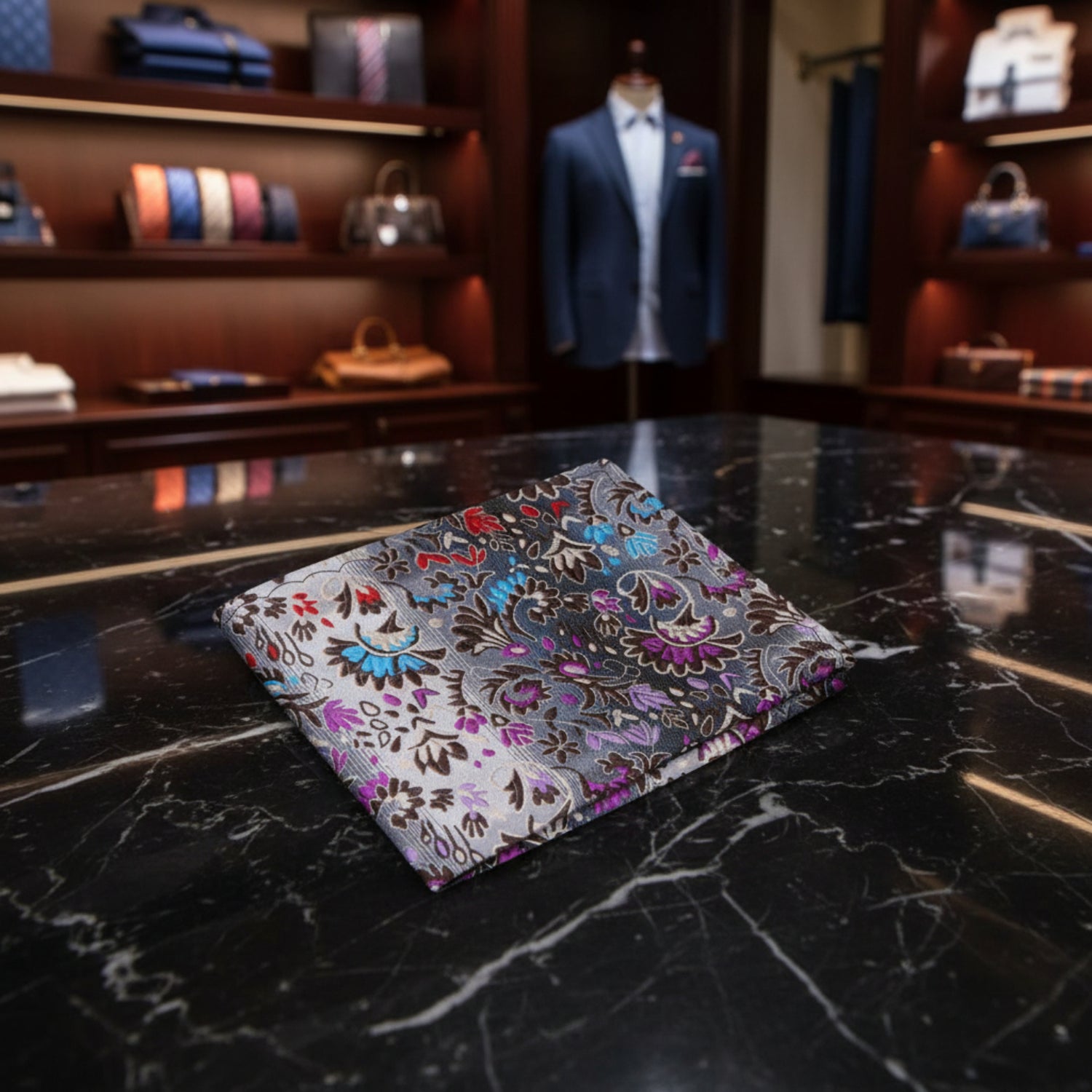 A Cream, Red, Blue Intricate Floral Pattern Pocket Square