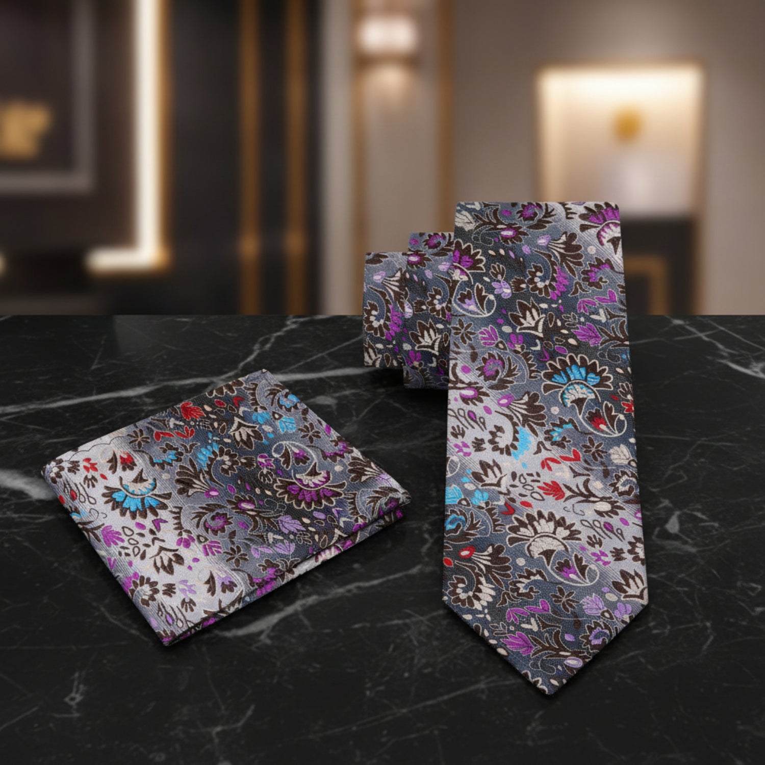 Alt View: A Grey, Blue, Red Small Floral Pattern Necktie, Matching Pocket Square