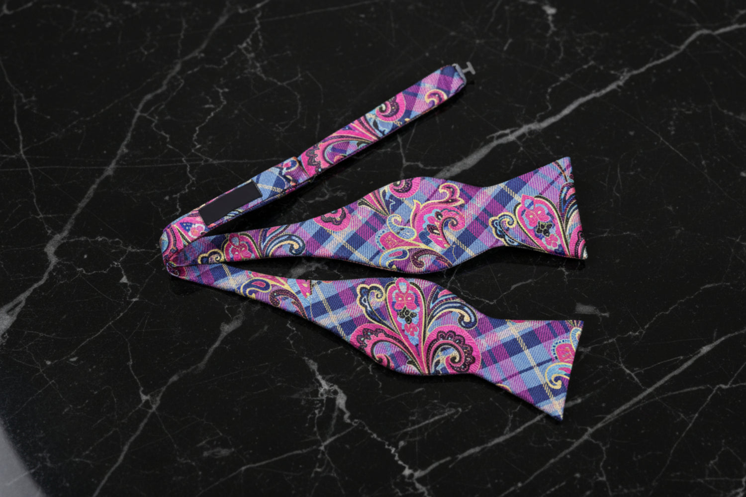 Self Tie: Pink, Blue, Yellow Paisley Bow Tie
