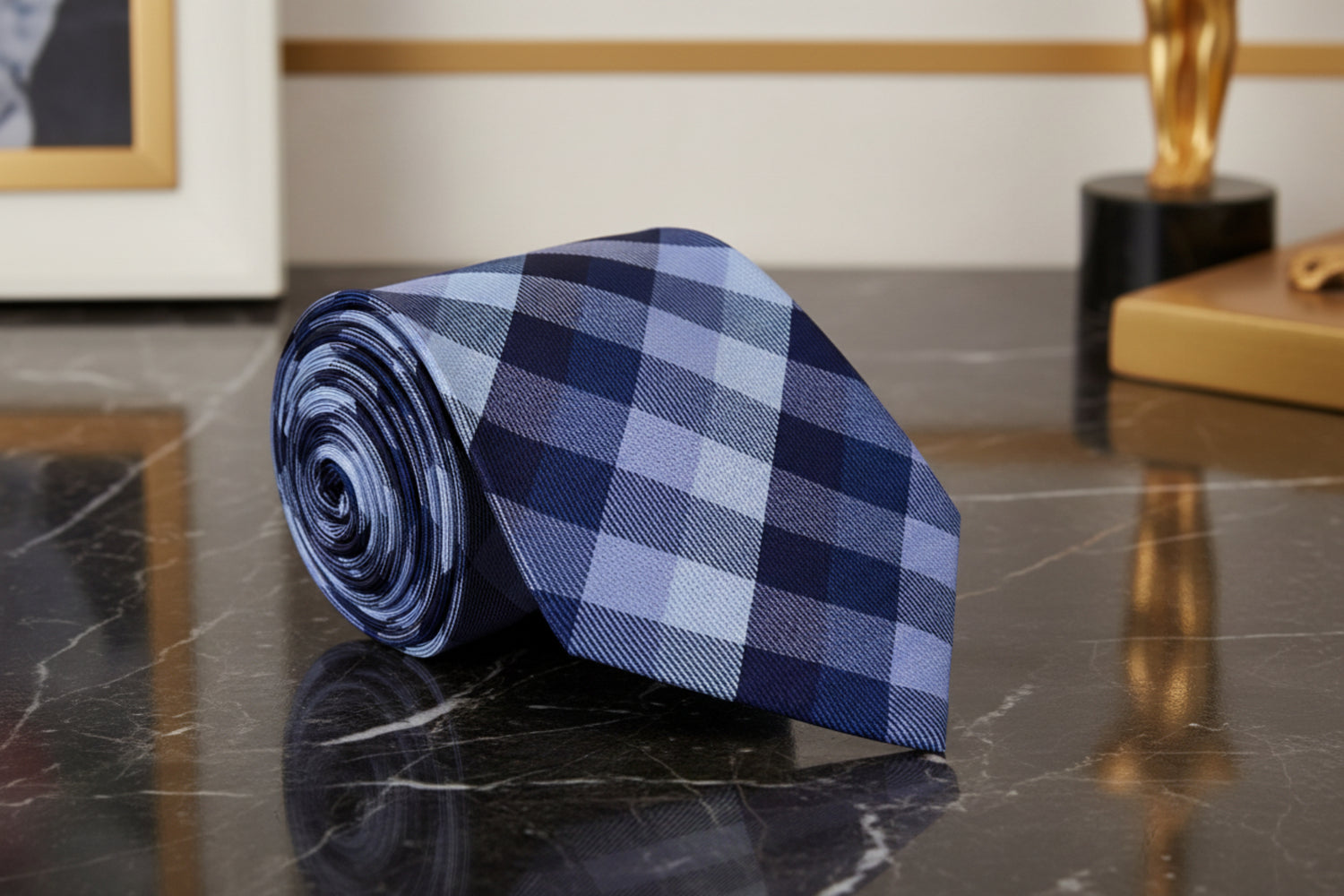 A Blue, Dark Blue Small Geometric Checker Pattern Necktie