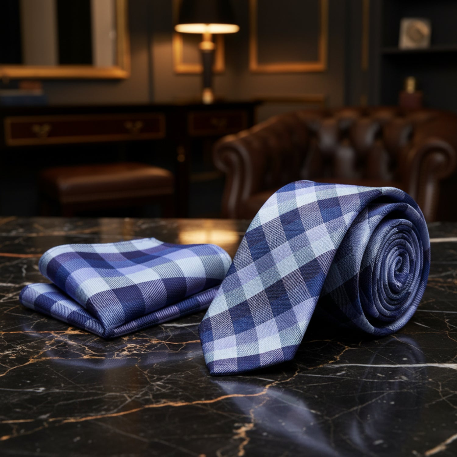 Alt View: A Blue, Dark Blue Small Geometric Checker Pattern Necktie, With Matching Pocket Square
