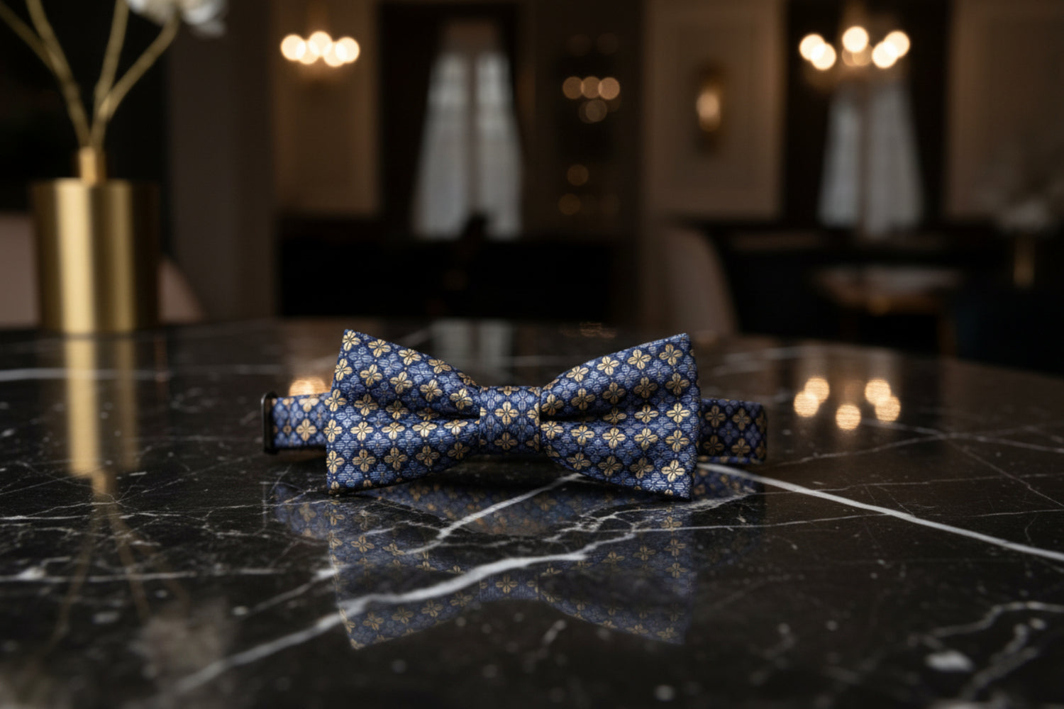 untied: A Light Blue, Gold Geometric Clover Pattern Silk Self Tie Bow Tie