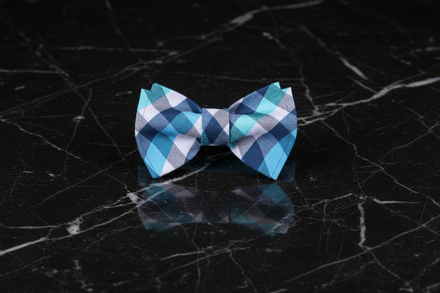 A Light Blue, White Geometric Check Pattern Self Tie Bow Tie 