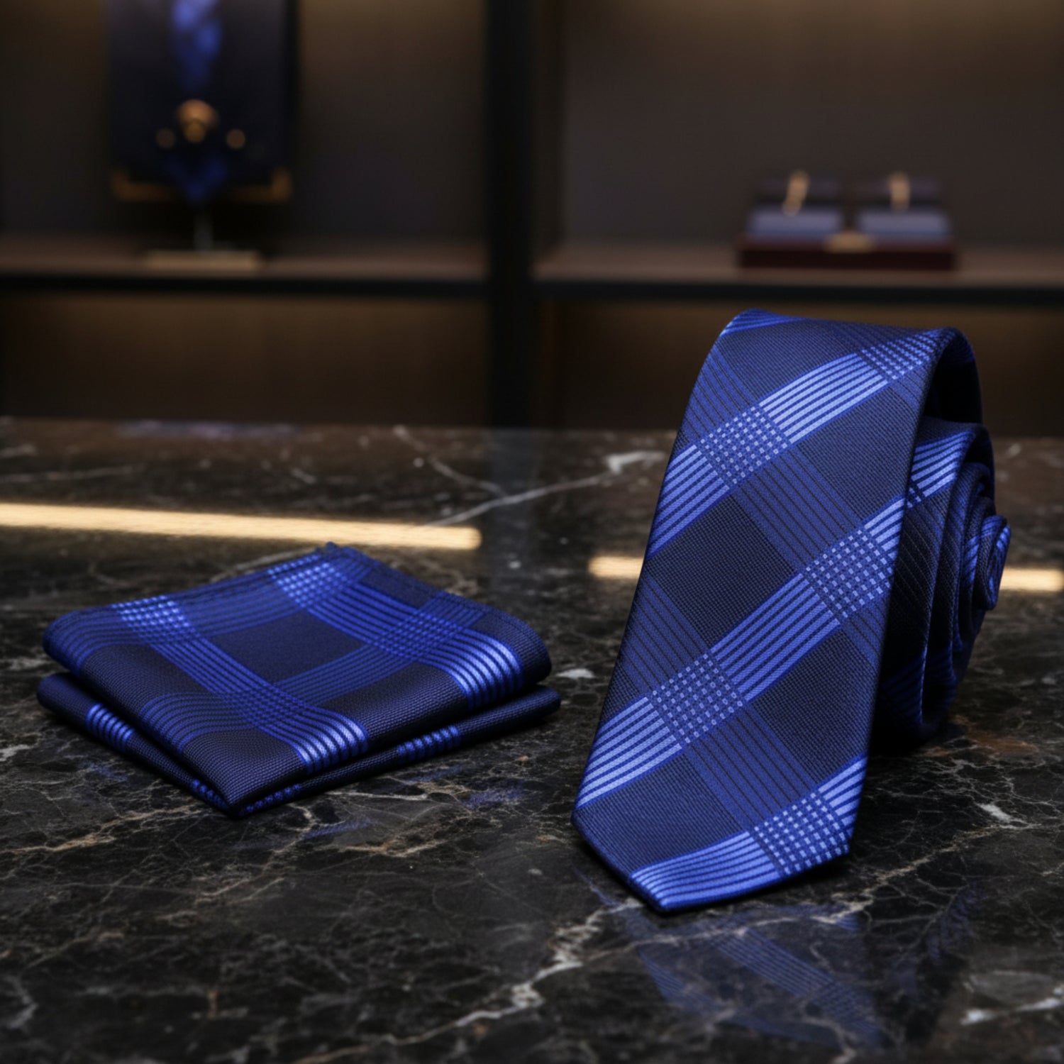 Alt View: Shades of Blue Plaid Tie and Pocket Square