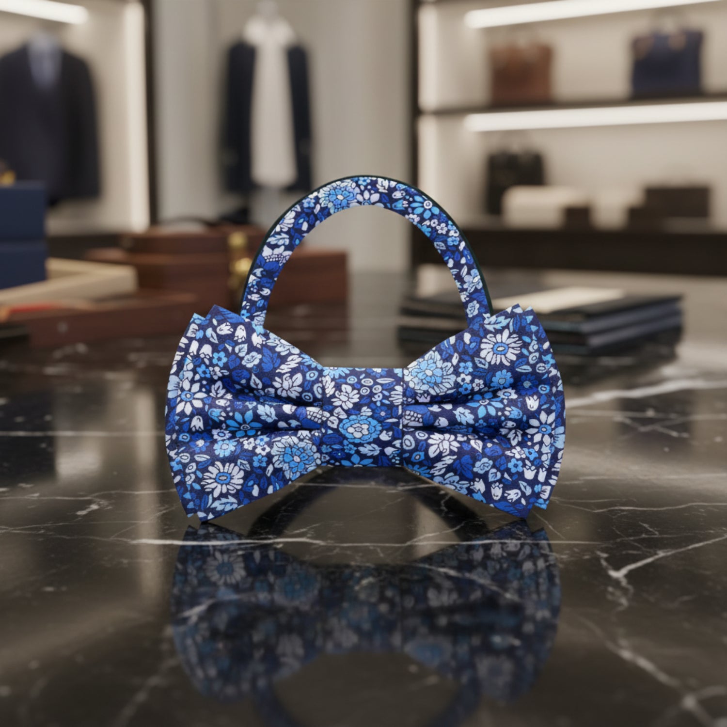Blue, White Floral Bow Tie Pre Tied