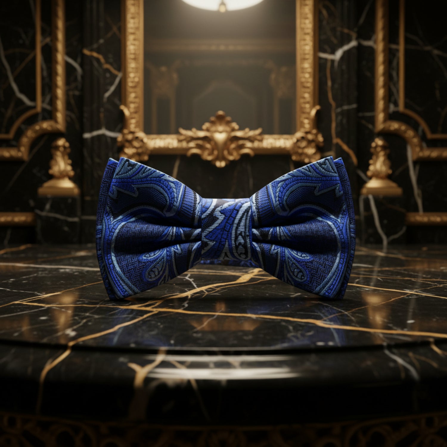 A Blue, Dark Blue Intricate Paisley Pattern Pre Tied Bow Tie