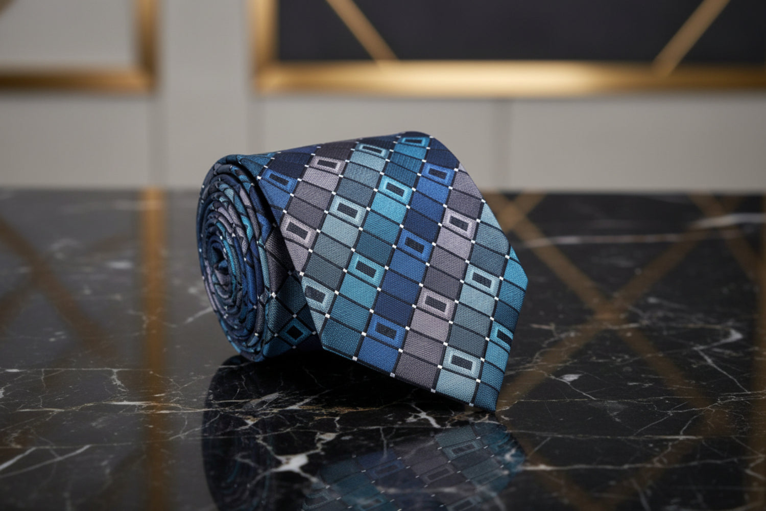 A Teal, Grey Geometric Pattern Necktie 