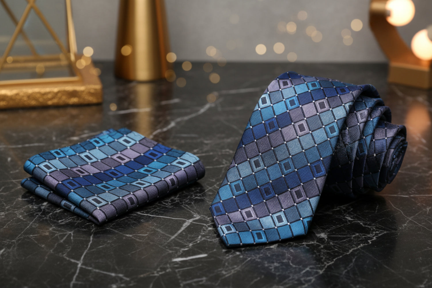 Alt View: A Teal, Grey Geometric Pattern Necktie, Matching Pocket Square