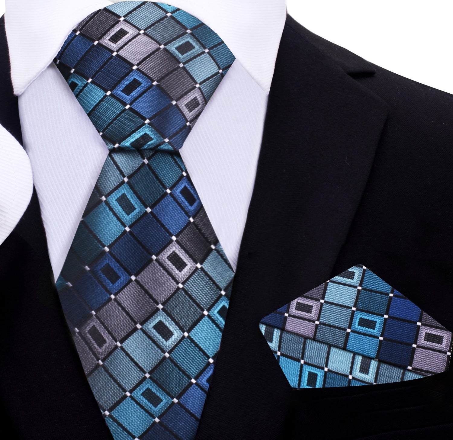A Teal, Grey Geometric Pattern Necktie, Matching Pocket Square