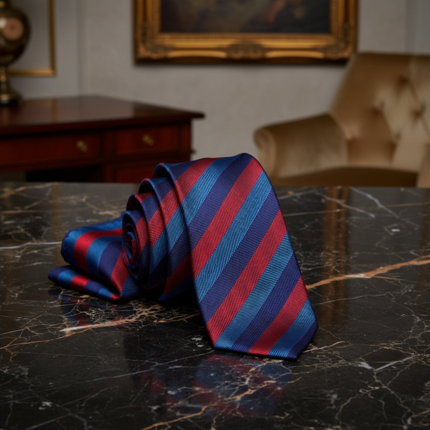 Alt View: A Blue, Green, Red Stripe Pattern Necktie, Matching Pocket Square