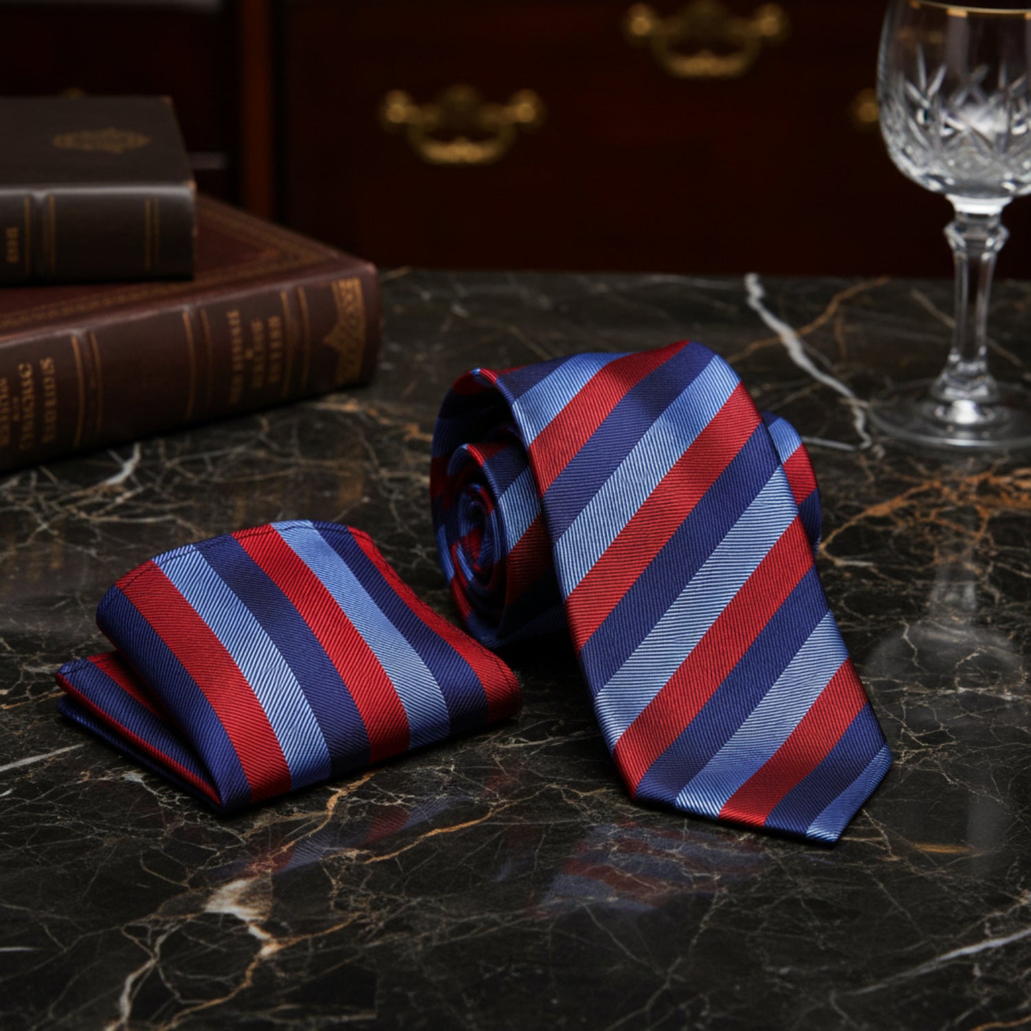 Alt View: A Blue, Light Blue, Red Stripe Pattern Necktie, Matching Pocket Square