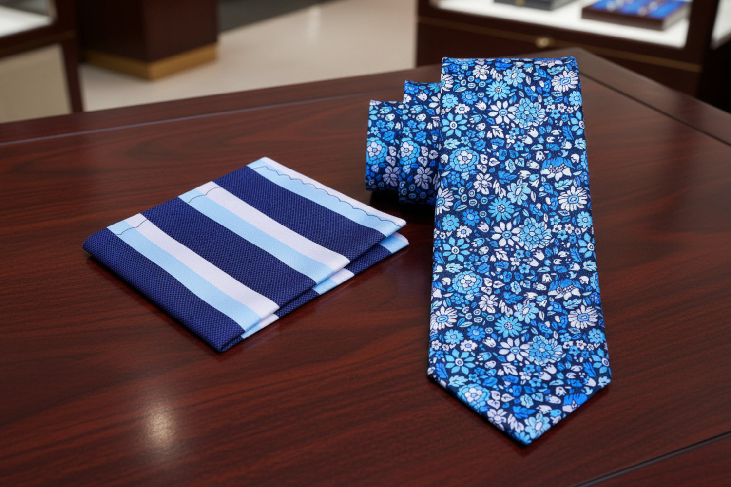 Alt View: Shades of Blue and White Flowers Tie and Accenting Blue White Stripe Square