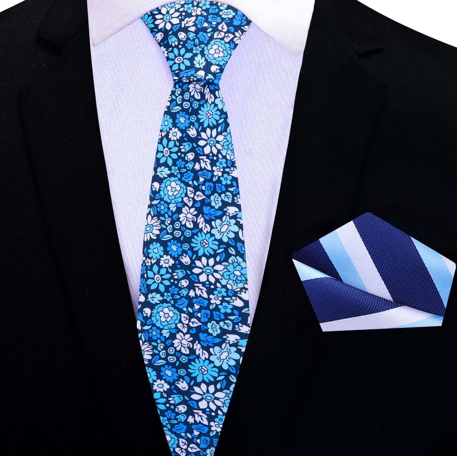 Thin Tie: Shades of Blue and White Flowers Tie and Accenting Blue White Stripe Square