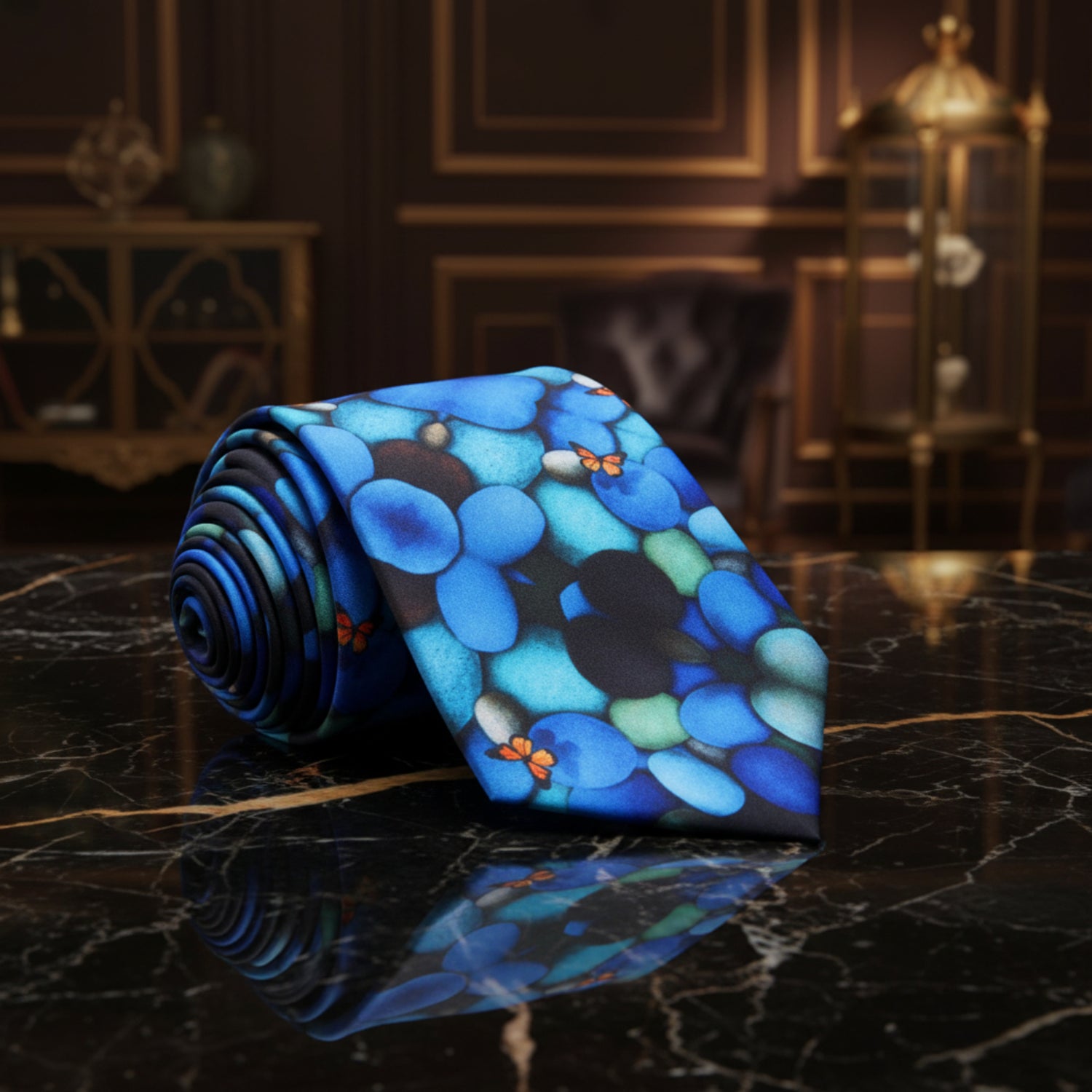 Blue Stones with Orange Butterflies Tie  
