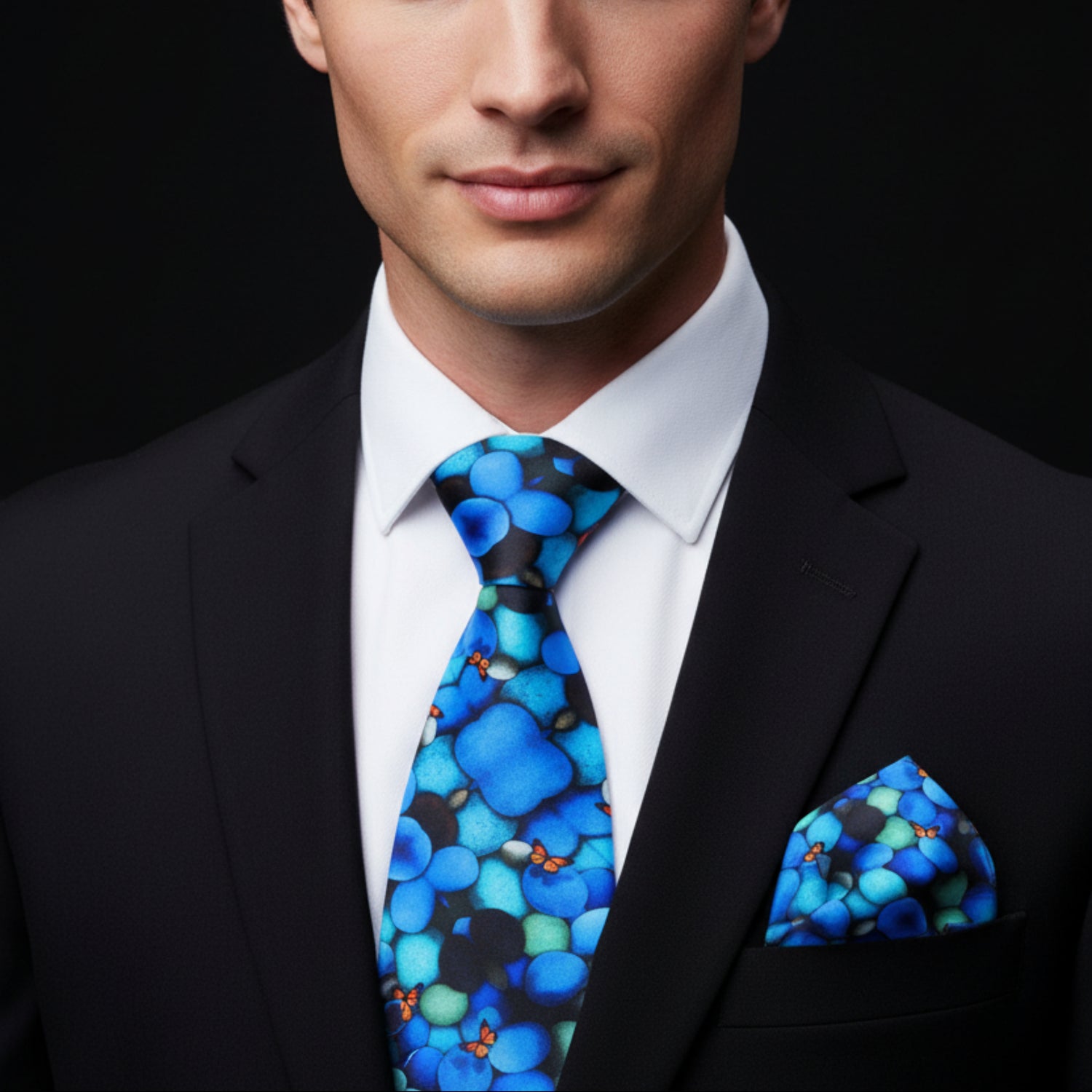 Main View; Blue Stones with Orange Butterflies Tie and Pocket Square