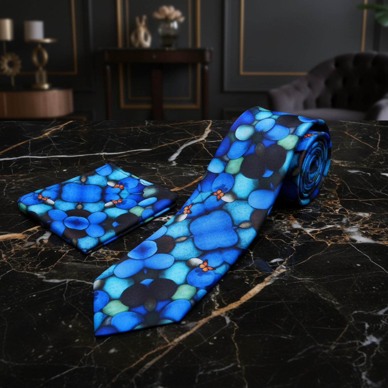 Alt View: Blue Stones with Orange Butterflies Tie and Pocket Square