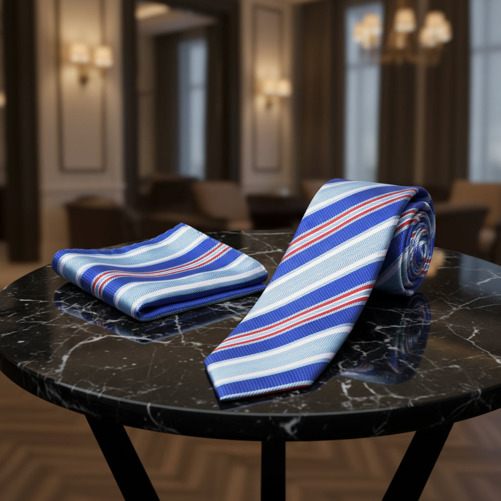 Alt View: A Blue, Light Blue, Orange Stripe Pattern Necktie, Matching Pocket Square